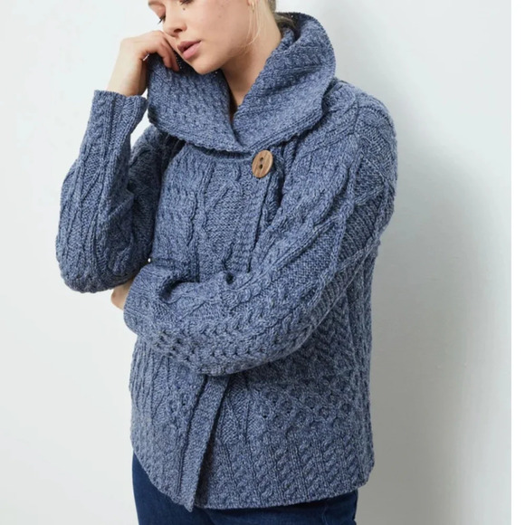 Shannon Woolen Mills Asymmetrical Cable Knit Merino Wool Denim Cardigan Size M - Picture 1 of 8